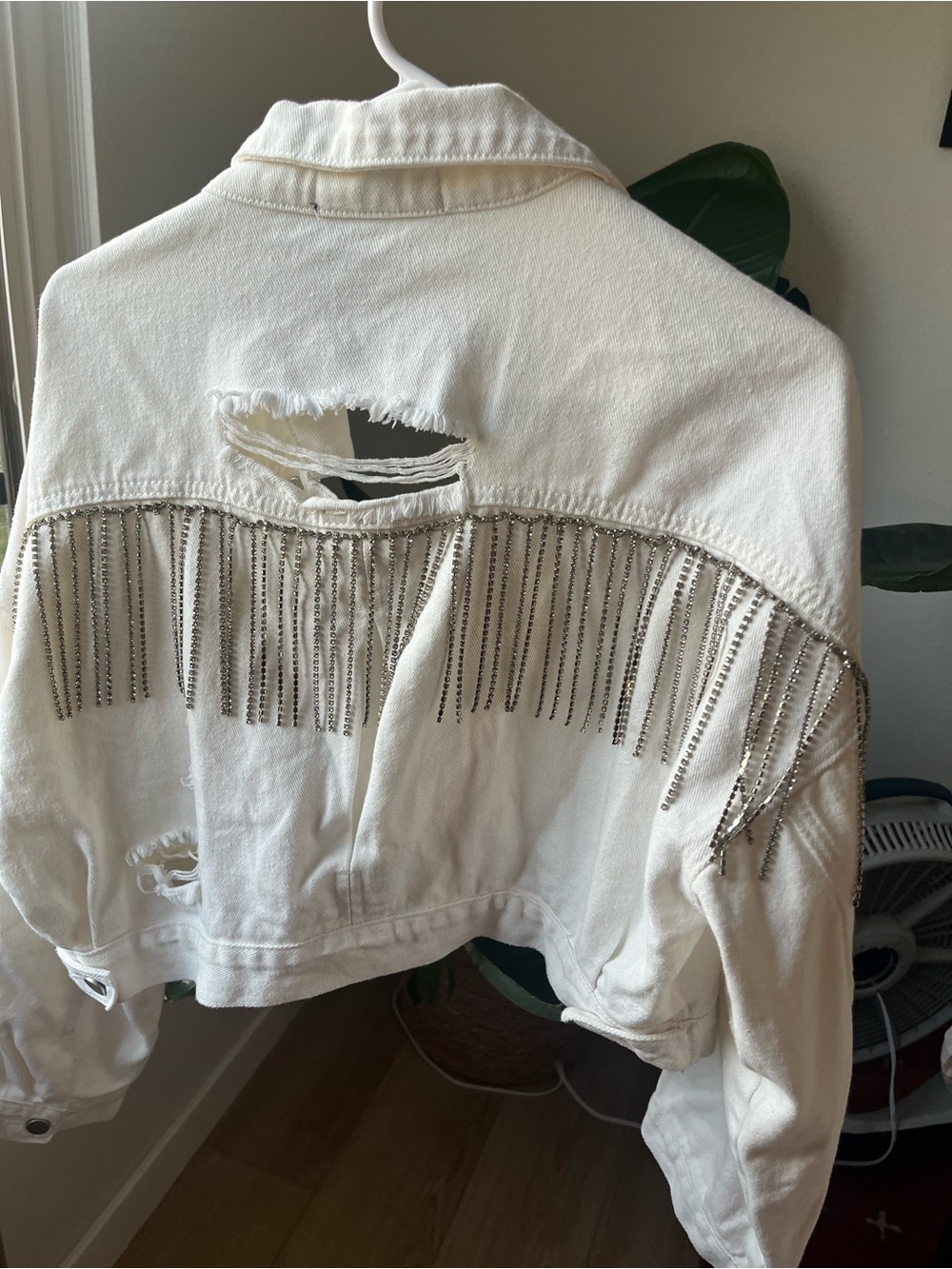 White Rhinestone Fringe Denim Jacket